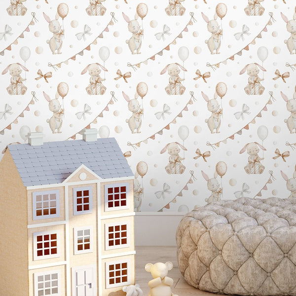 Beige Bunnies & Bunting Wallpaper S110 - CostaCover - Peel and stick Removable Wallpaper - accent wallpaper - adhesive wallpaper - animal print