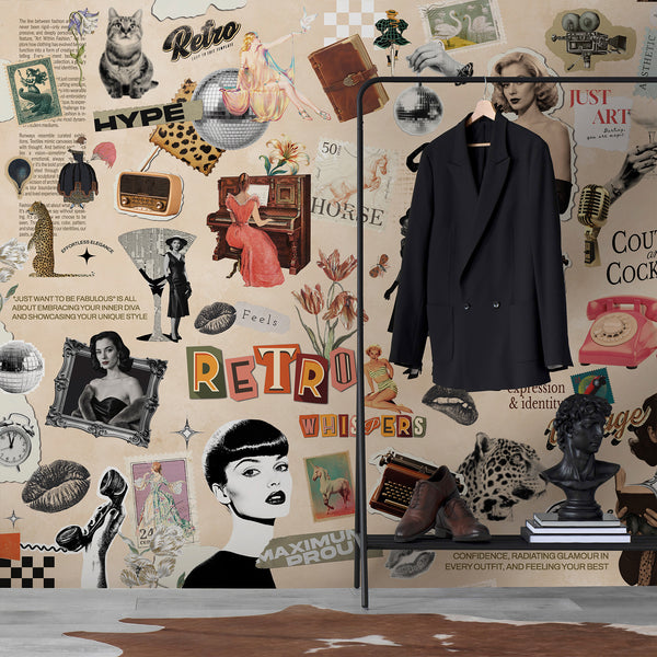 A maximalist vintage fashion wall mural featuring a collage of retro portraits, pin-ups, and typography on aged beige paper. Perfect for creating a bold feature wall in a dressing area or boutique, offering a unique, layered aesthetic.