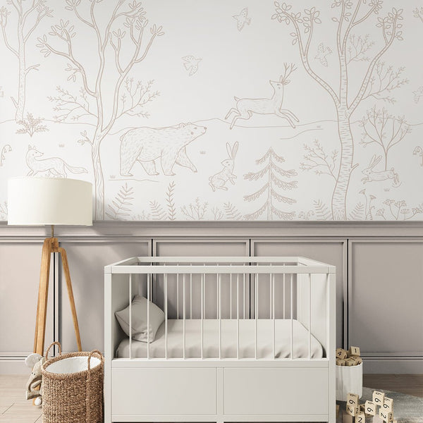 White Beige Forest Animals Wall Mural SM018 - CostaCover - Peel and stick Removable Wallpaper - accent wallpaper - adhesive wallpaper - animal print