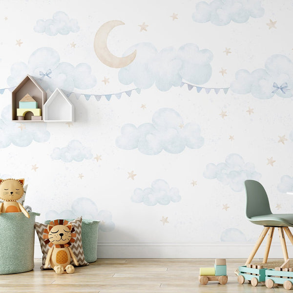 Blue Clouds Moon & Bunting Wall Mural SM071 - CostaCover - Peel and stick Removable Wallpaper - Abstract - abstract wall art - abstract wallpaper