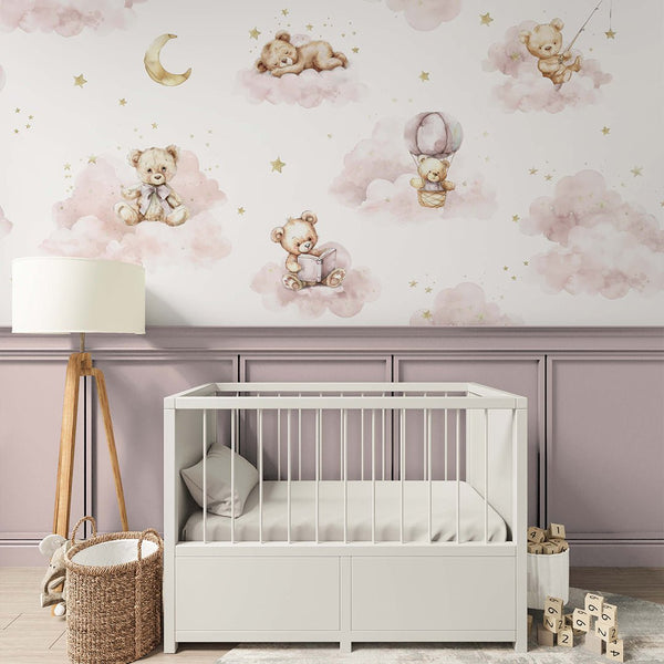 Pink Clouds and Bears Wall Mural SM009 - CostaCover - Peel and stick Removable Wallpaper - abstract wall art - abstract wallpaper - accent wallpaper