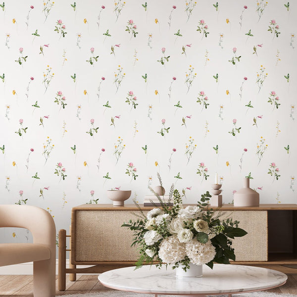 Colored Petite Wildflowers Wallpaper S068 - CostaCover - Peel and stick Removable Wallpaper - accent wallpaper - adhesive wallpaper - baby bedroom