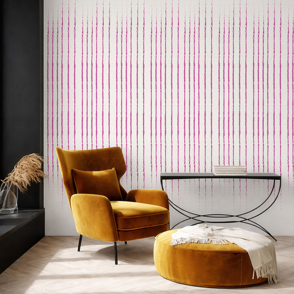 Close-up of hand-drawn pink-magenta stripes on a pale neutral ground, showcasing the textured, distressed design with irregular breaks and micro-scratches, suitable for a living room or hallway.