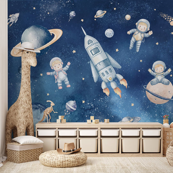 Dark Blue Astronauts & Spaceship Wall Mural SM083 - CostaCover - Peel and stick Removable Wallpaper - accent wallpaper - adhesive wallpaper - bathroom wallpaper