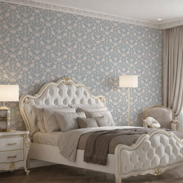 Blue vintage floral pattern with compact design, enhancing a cozy study. Removable and easy to reposition, ideal for designers seeking a classic repeat.