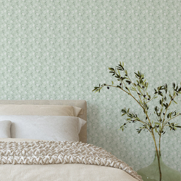 Soft Mint Green Wildflowers Wallpaper L079