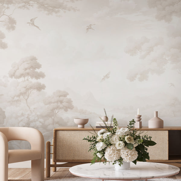 Panoramic wall mural in soft beige, depicting a tranquil scene with rounded trees and drifting birds, ideal for bedrooms seeking a calming ambiance. The subtle paper-like grain adds depth and elegance to French country decor.