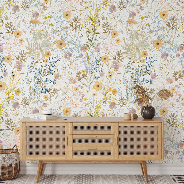 Layered floral arrangement of Wild Floral Wallpaper with overlapping thin stems and visible watercolor texture. Suitable for a dynamic accent wall in living rooms or nurseries, offering a lively yet light ambiance. Pre-pasted and removable options available for versatile home design.