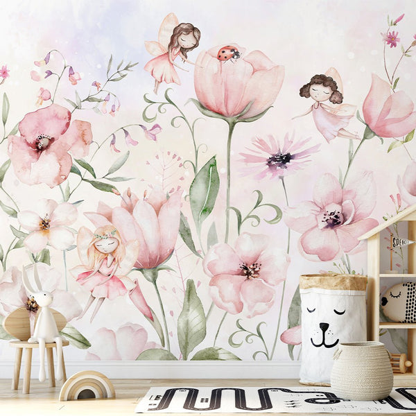 Cute Pink Flower Fairy Wall Mural SM053 - CostaCover - Peel and stick Removable Wallpaper - accent wallpaper - adhesive wallpaper - baby bedroom
