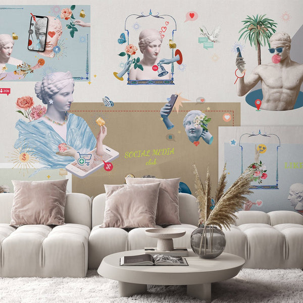 Social Media with Greek Statues Wall Mural CCM153 - CostaCover - Peel and stick Removable Wallpaper - Abstract - abstract mural - abstract wallpaper