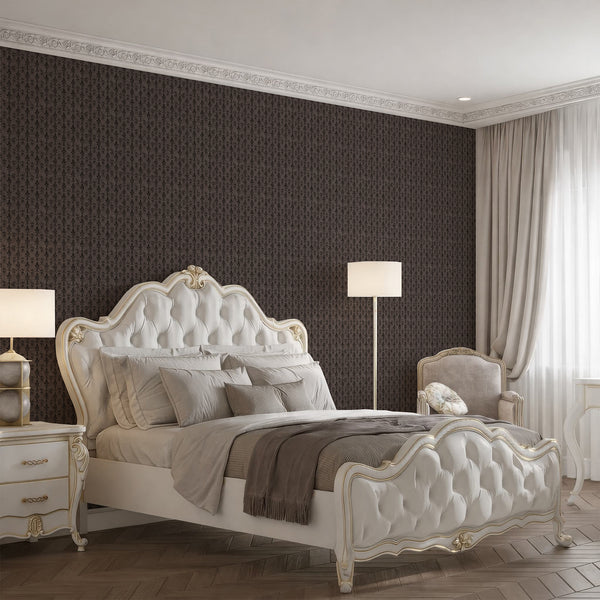 Traditional brown damask wallpaper with a compact floral-foliate pattern, suitable for classic decor in bedrooms or hallways. The distressed finish creates a rich, antique appearance.