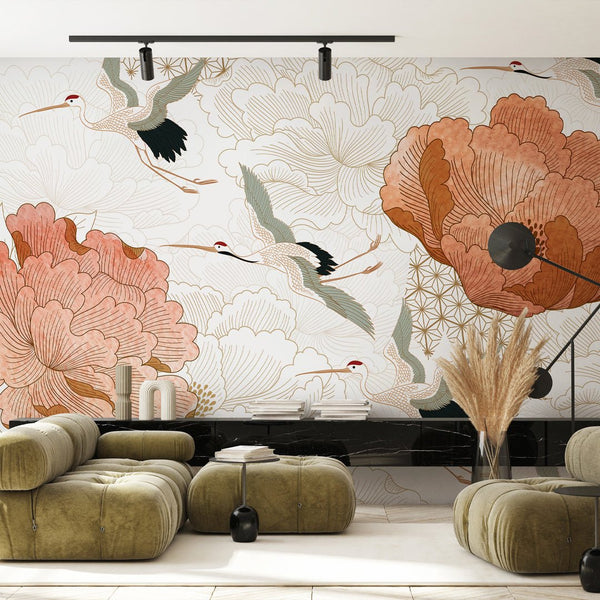 Flying Japanese Cranes Wall Mural WM121 - CostaCover - Peel and stick Removable Wallpaper - Abstract - abstract floral - abstract lines