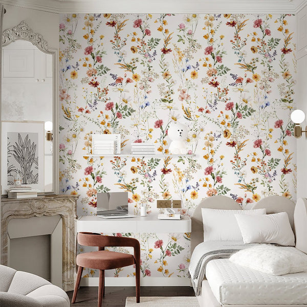 Elegant Red Yellow Wildflowers Wallpaper S074 - CostaCover - Peel and stick Removable Wallpaper - accent wallpaper - adhesive wallpaper - bathroom wallpaper