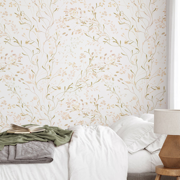 Subtle blush Floral Wallpaper with a gentle rhythm of thin stems and clustered berries in pale blush, beige, and muted gold. Suitable for creating an understated floral backdrop in bedrooms or home offices. Made in the USA, eco-friendly materials, ideal for renters and designers.