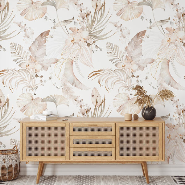 Tropical Bouquet Boho Wallpaper W005 - CostaCover - Peel and stick Removable Wallpaper - baby bedroom - bedroom interior - bedroom wallpaper