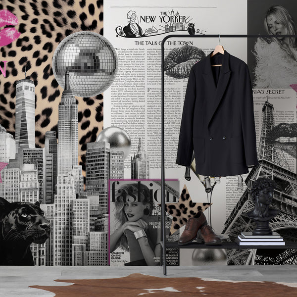 New York fashion wallpaper with city skyline, leopard print, disco ball, magazine collage elements and pink black white modern glam aesthetic.