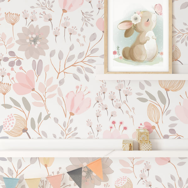 A delicate pattern of Pink Flowers Wallpaper, featuring line-drawn floral motifs in soft pinks and beige. Suitable for hallways or powder rooms, this high-quality, self-adhesive wallpaper provides a gentle color accent. Its easy application and removability make it perfect for renters seeking a stylish, temporary solution.