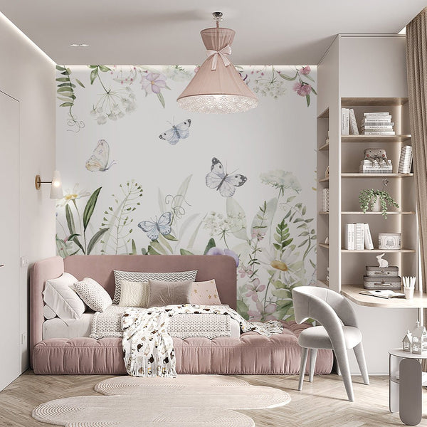 Wildflowers and Butterflies Wall Mural SM041 - CostaCover - Peel and stick Removable Wallpaper - accent wallpaper - adhesive wallpaper - baby bedroom