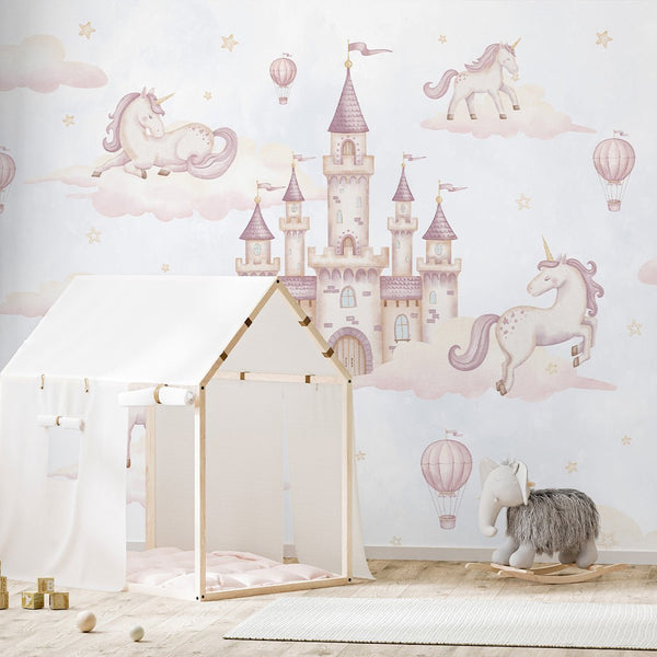 Airy Kingdom & Unicorns Wall Mural AM135 - CostaCover-Peel and stick Removable Wallpaper-accent wallpaper-adhesive wallpaper-baby bedroom