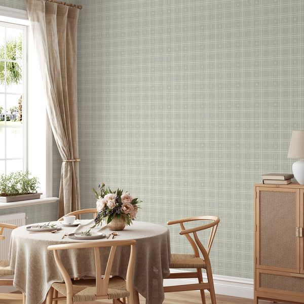 Sage Green Plaid Floral Wallpaper L147
