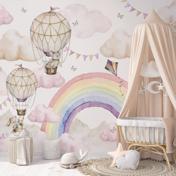 Rainbow & Hot Air Balloons Wall Mural WM065 - CostaCover - Peel and stick Removable Wallpaper - accent wallpaper - adhesive wallpaper - air balloon