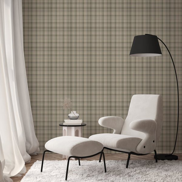 Classic sage green plaid wall covering with overlapping stripes and subtle woven-style detailing, perfect for cottagecore and neutral home decor.