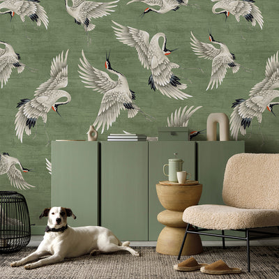 Flying Green Japanese Cranes Wall Mural WM118