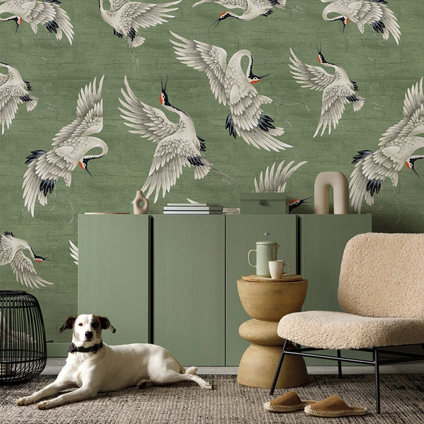 Flying Green Japanese Cranes Wall Mural WM118 - CostaCover - Peel and stick Removable Wallpaper - accent wallpaper - adhesive wallpaper - animal texture