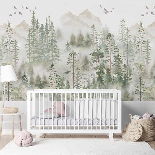 Green Misty Forest wall mural with watercolor pines and soft mist, creating a peaceful and nature-inspired bedroom accent.
