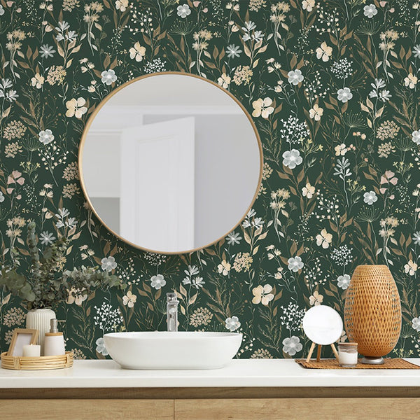 Green & Beige Wildflowers Wallpaper W137 - CostaCover - Peel and stick Removable Wallpaper - Abstract - abstract floral - abstract wall art