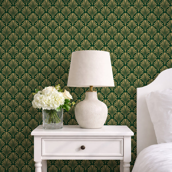 Emerald Green Botanical Art Deco Wallpaper L020