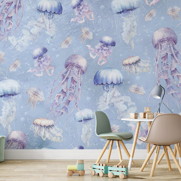 Blue Purple Jellyfish Wall Mural SM062 - CostaCover - Peel and stick Removable Wallpaper - accent wallpaper - adhesive wallpaper - baby bedroom