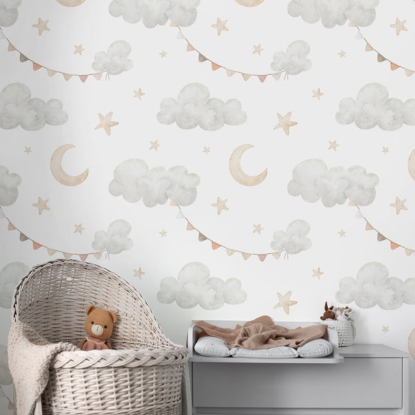 Clouds Moon & Bunting Wallpaper S112 - CostaCover - Peel and stick Removable Wallpaper - accent wallpaper - adhesive wallpaper - baby bedroom