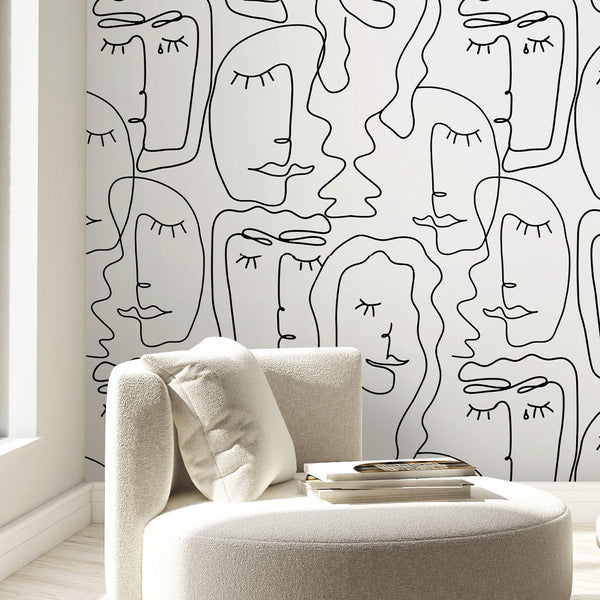 Black & White Abstract Female Face Wallpaper CC309 - CostaCover - Peel and stick Removable Wallpaper - Abstract - abstract lines - abstract mural