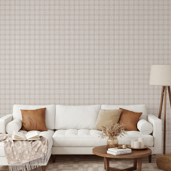 Taupe Greige Plaid Floral Wallpaper L146