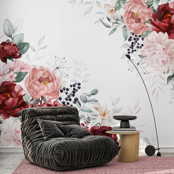 Pink Burgundy Flowers Bouquet Wall Mural SM028 - CostaCover - Peel and stick Removable Wallpaper - accent wallpaper - adhesive wallpaper - bathroom wallpaper