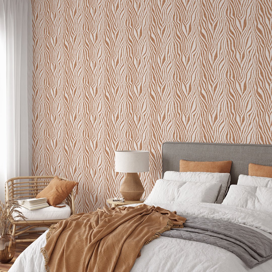 Abstract Terracotta Zebra Grasscloth Wallpaper with warm earth-tone pattern
