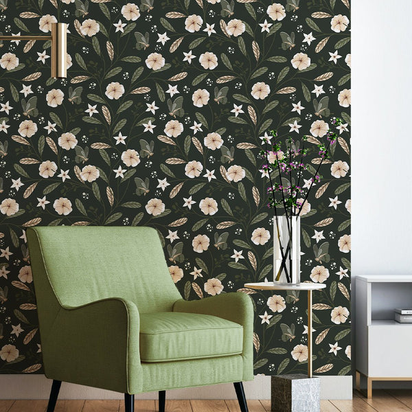 Dark Green & Beige Floral Wallpaper W154 - CostaCover - Peel and stick Removable Wallpaper - abstract floral - abstract wall art - abstract wallpaper