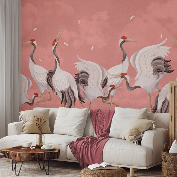 Pink Japanese Cranes Wall Mural WM108 - CostaCover - Peel and stick Removable Wallpaper - accent wallpaper - adhesive wallpaper - bathroom wallpaper