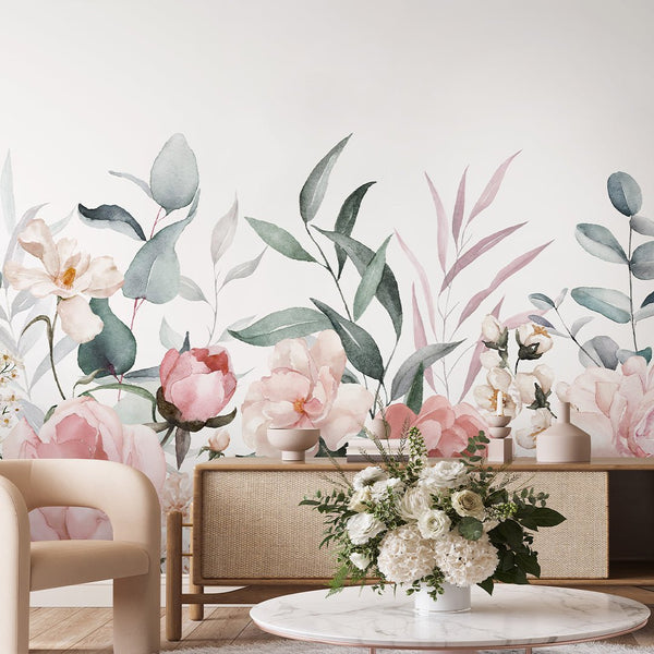 Pastel Pink Green Floral Wall Mural SM024 - CostaCover - Peel and stick Removable Wallpaper - accent wallpaper - adhesive wallpaper - baby bedroom
