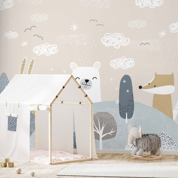 Beige Blue Cute Animal Wall Mural AM111