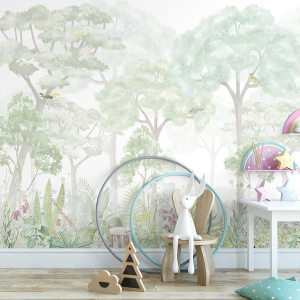 Green Watercolor Forest Wall Mural WM088 - CostaCover - Peel and stick Removable Wallpaper - abstract forest - accent wallpaper - adhesive wallpaper