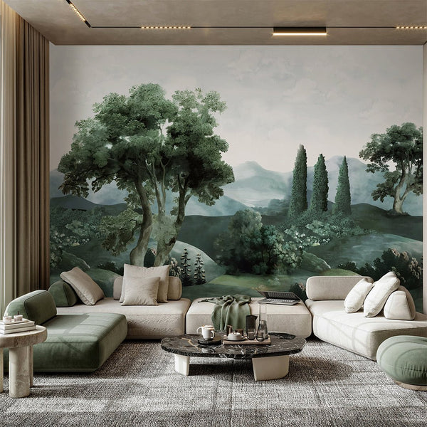 Green Vintage Landscape Wall Mural AM118 - CostaCover - Peel and stick Removable Wallpaper - abstract forest - abstract wallpaper - accent wallpaper