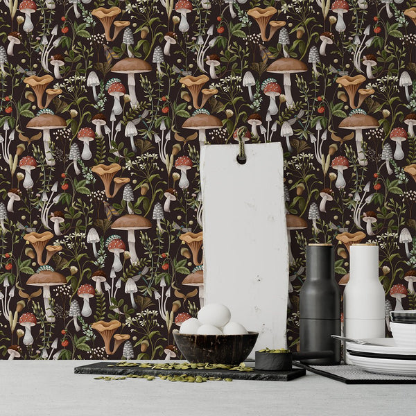 Brown Mushroom & Plants Wallpaper W147 - CostaCover - Peel and stick Removable Wallpaper - abstract floral - abstract wallpaper - accent wallpaper