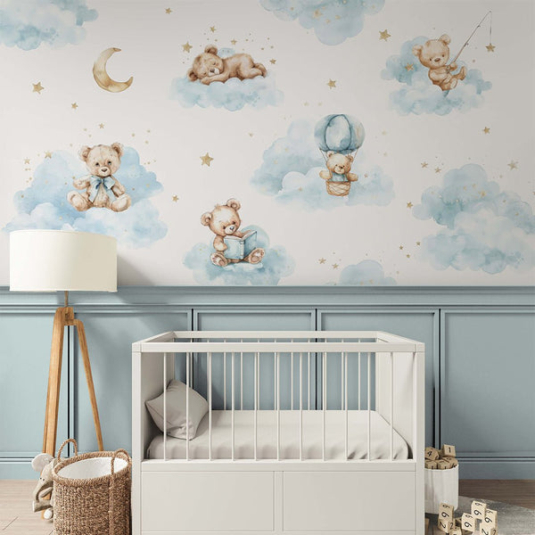 Blue Clouds and Bears Wall Mural SM011 - CostaCover - Peel and stick Removable Wallpaper - abstract wallpaper - accent wallpaper - adhesive wallpaper