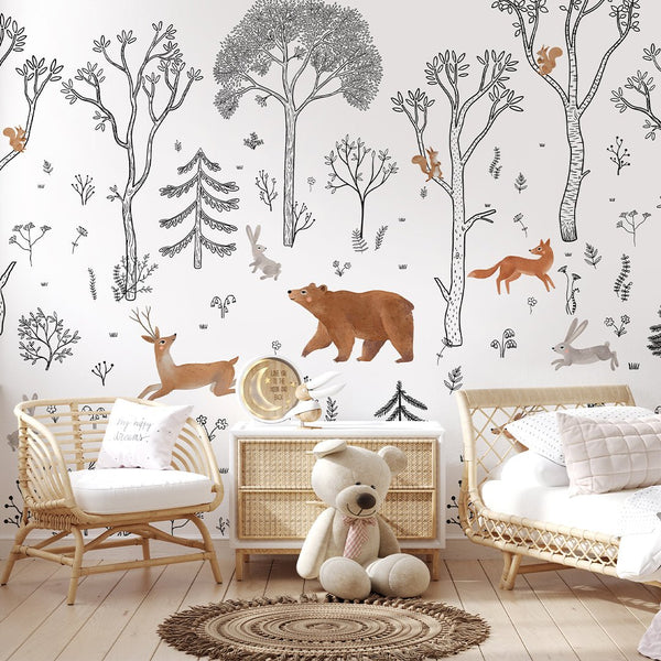 Black White Beige Forest Animals Wall Mural SM015 - CostaCover - Peel and stick Removable Wallpaper - accent wallpaper - adhesive wallpaper - animal print