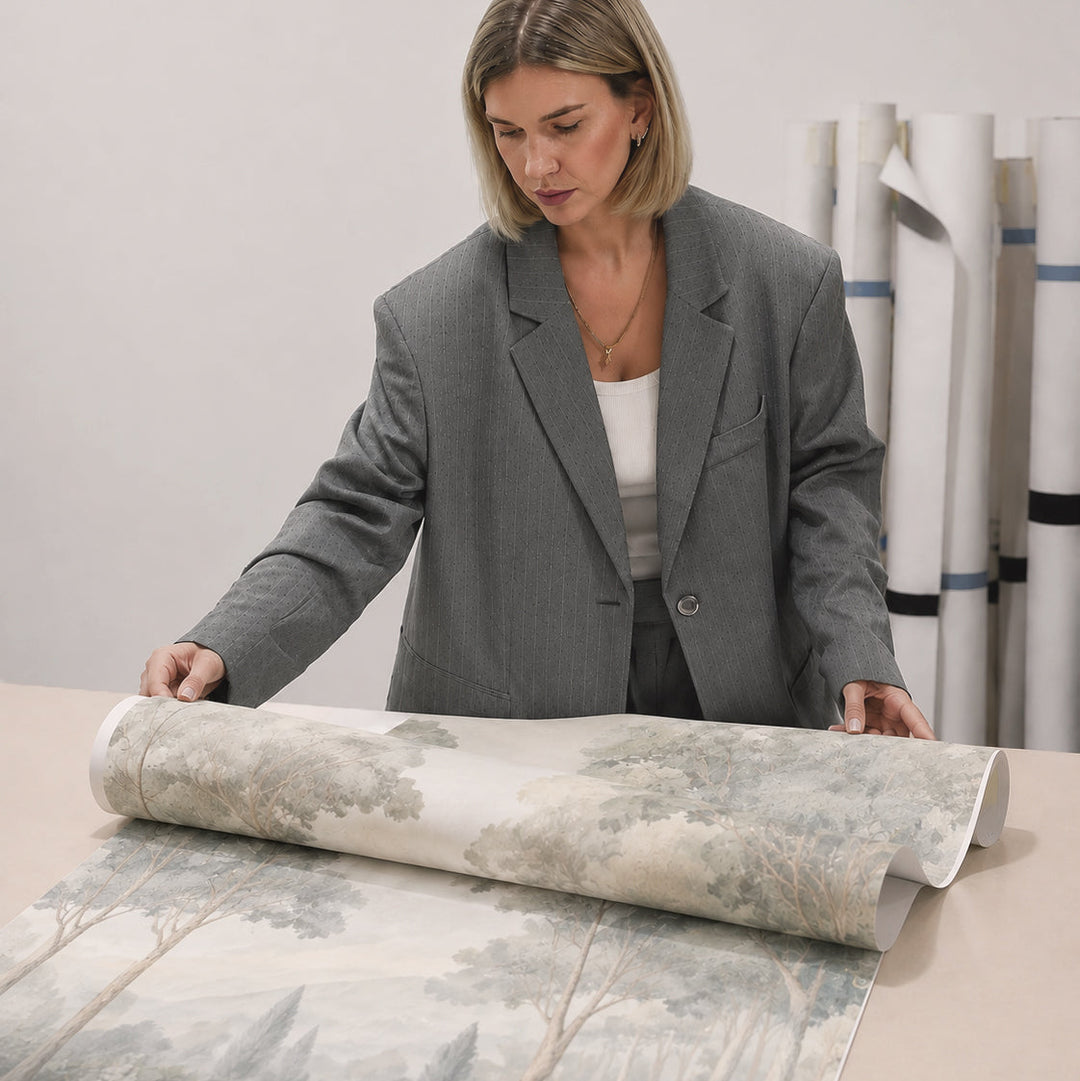 A woman in a gray blazer rolls out a large sheet of landscape wallpaper checking the quality of panels against a light, neutral wall.