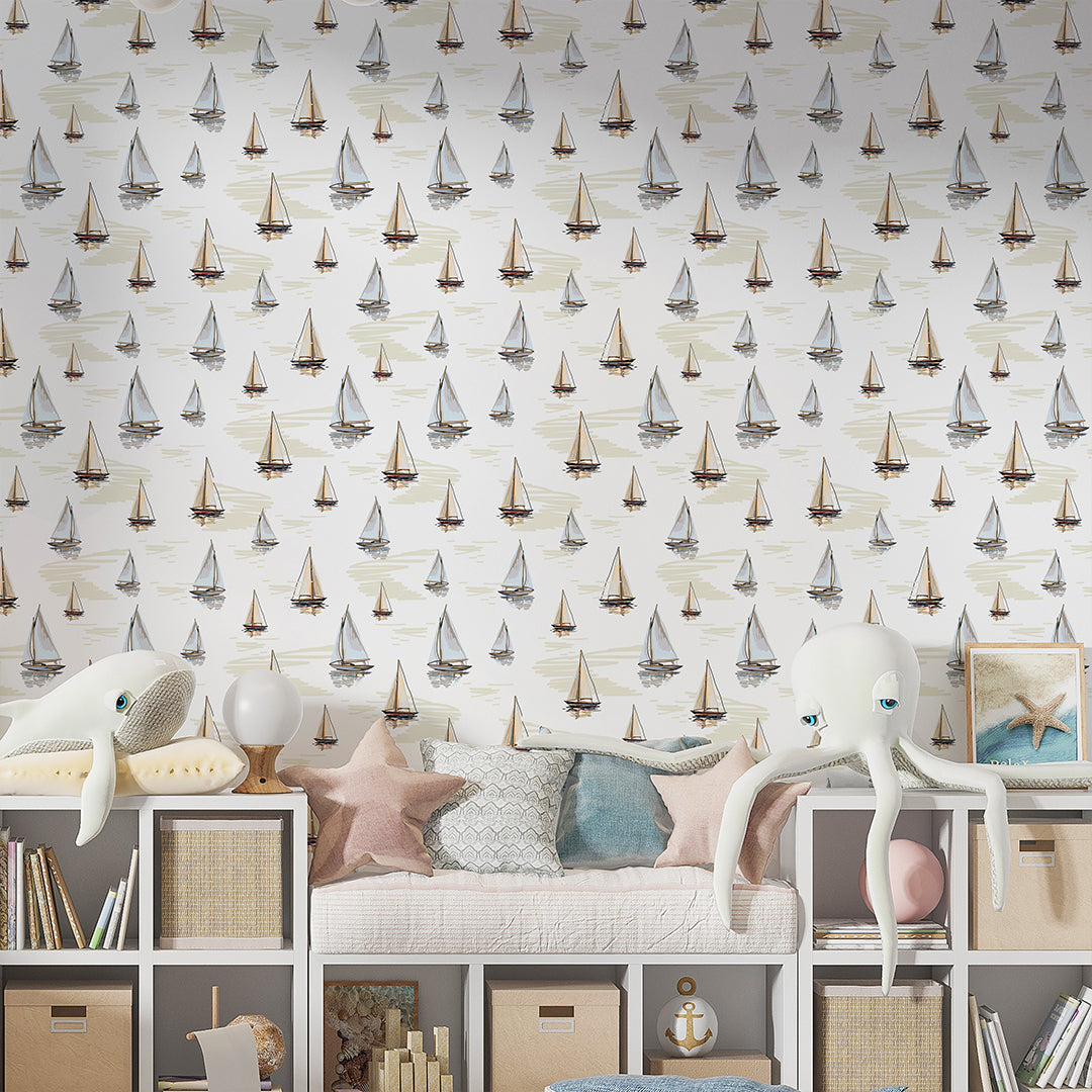 Beige Blue Sailboats Wallpaper A076