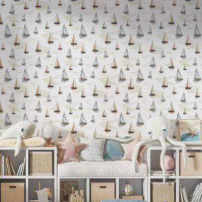 Beige Blue Sailboats Wallpaper A076