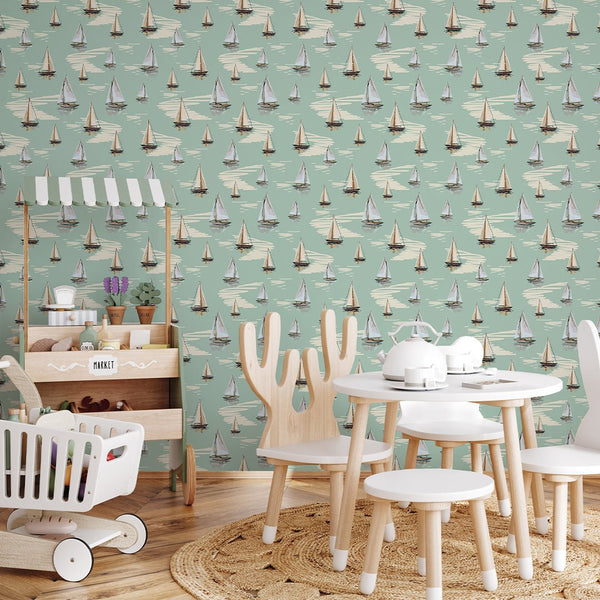 Light Green Sailboats Wallpaper A077 - CostaCover-Peel and stick Removable Wallpaper-Abstract-abstract wall art-abstract wallpaper